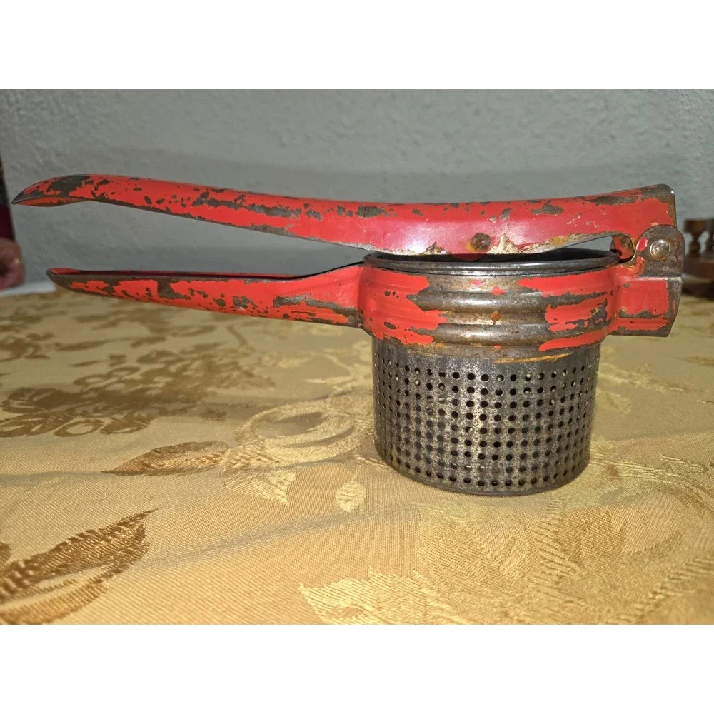 Vintage Red Potato Ricer Fruit Press Metal Hand Tool Farmhouse Kitchen Decor